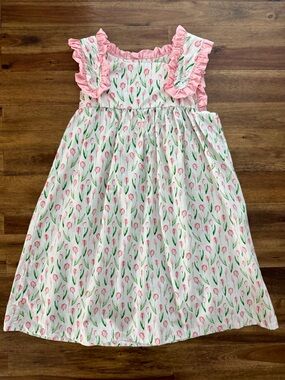 Stitchy Fish Girls In Dew Time Pink Tulip Print Ruffle Dress 6 Sleeveless Spring